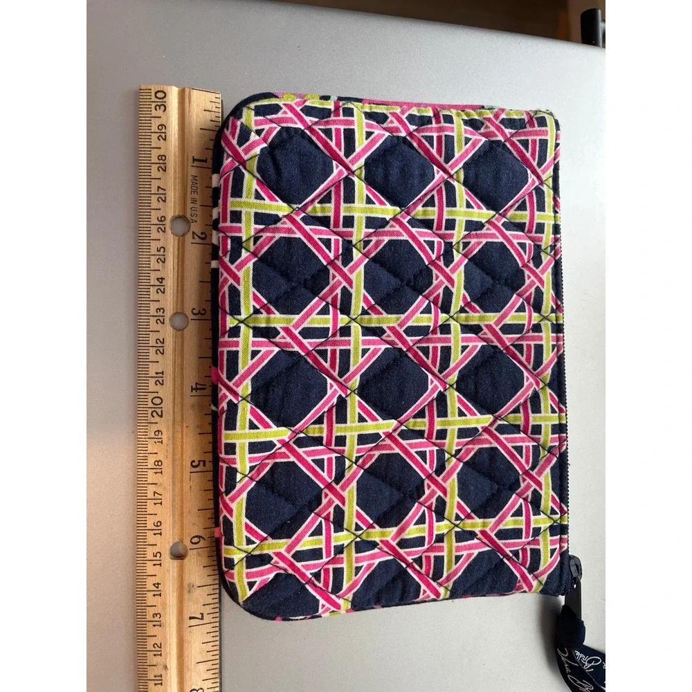 Vera Bradley Quilted Cosmetic Pouch Navy Pink Green Geometric Lattice Zip Bag